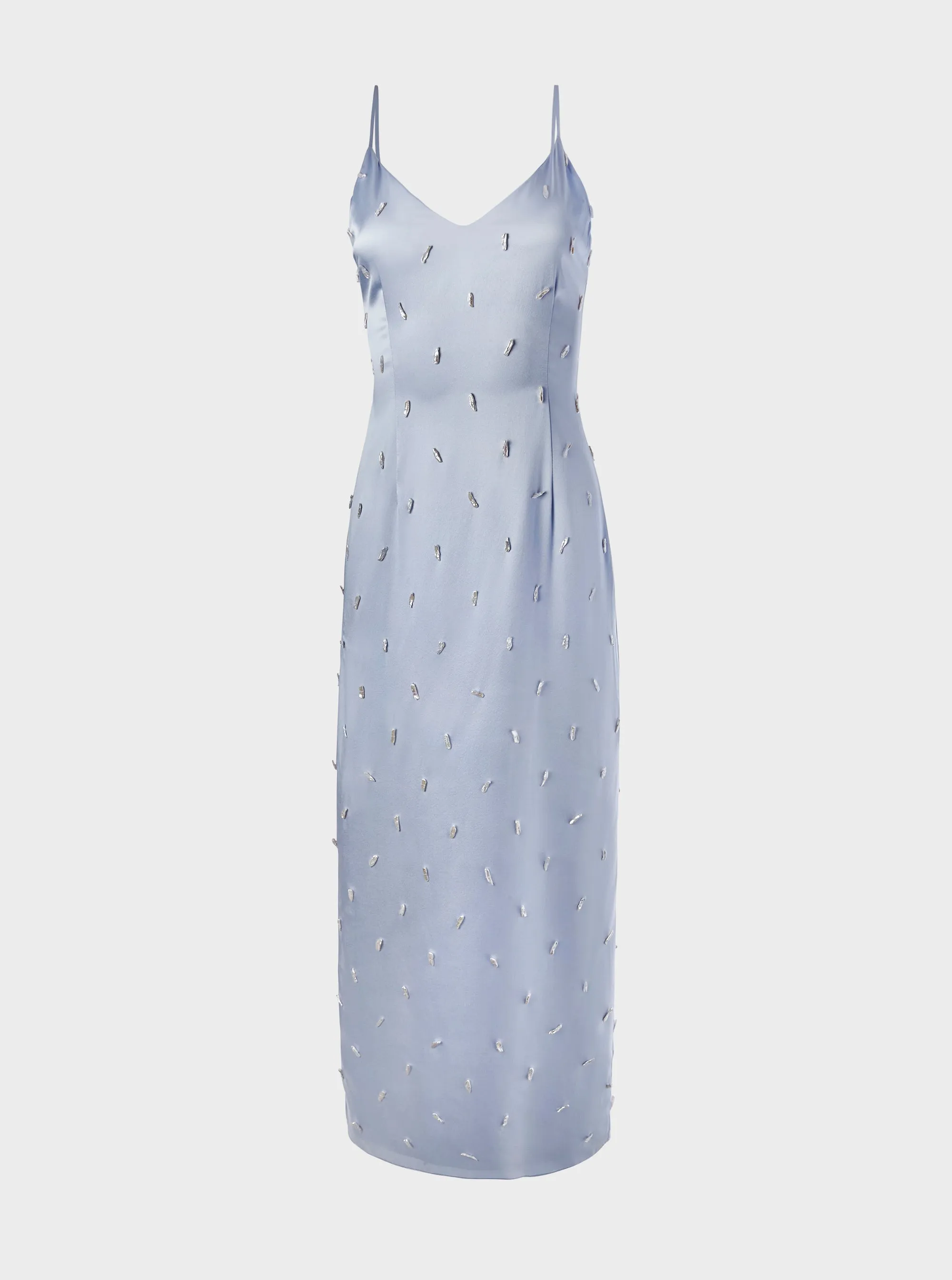 Blue Fitted Silk Slip Dress with Pearls