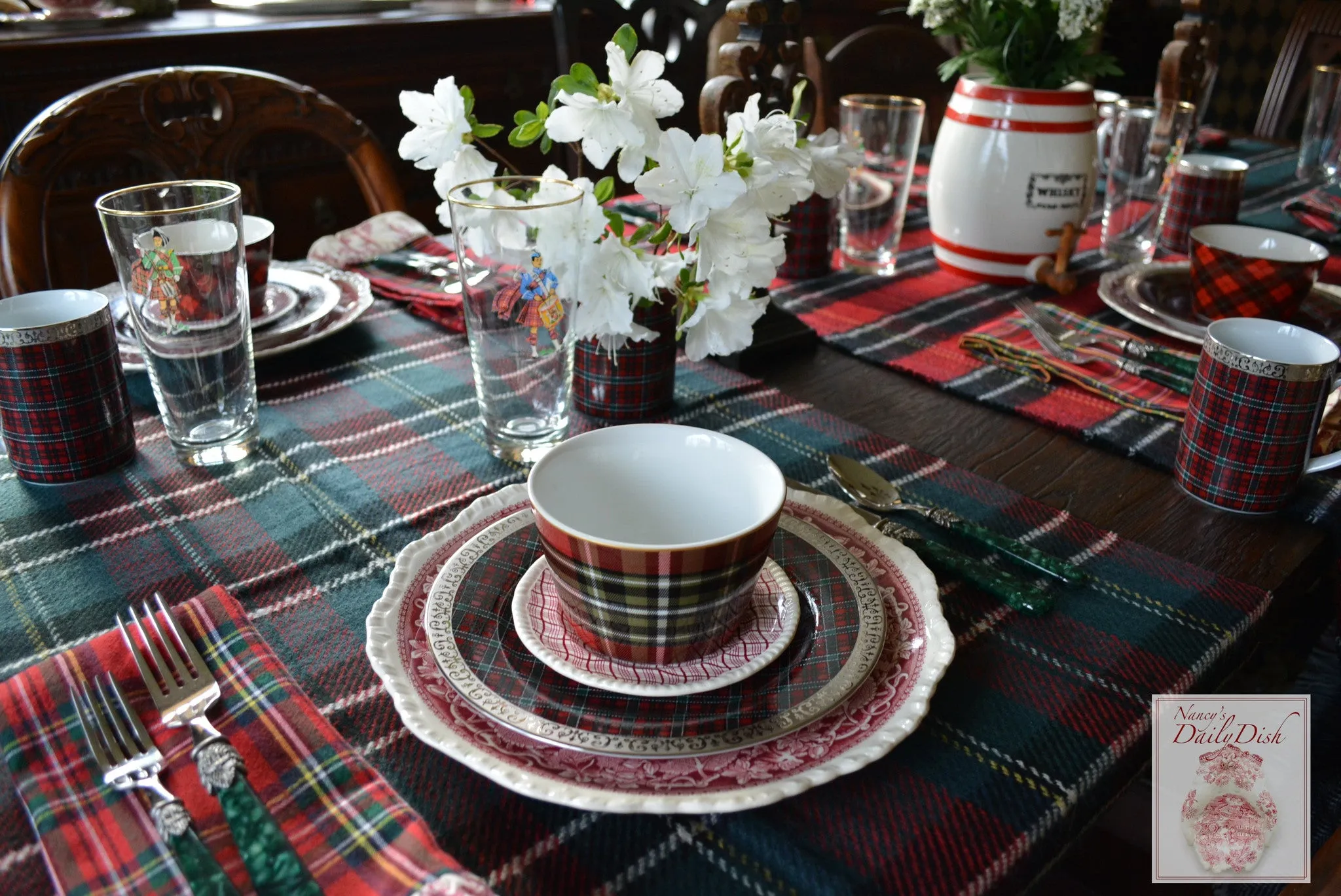 Blue Tartan Plaid Houndstooth Reversible Oversized Blanket Scarf / Shawl or Table Runner - Extra Long Thick & Wide