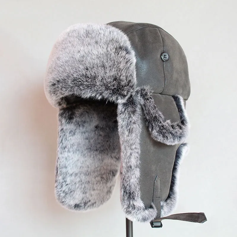 Bomber Hats Winter Men Warm Russian Ushanka Hat with Ear Flap Pu Leather  Fur Trapper Cap  Earflap