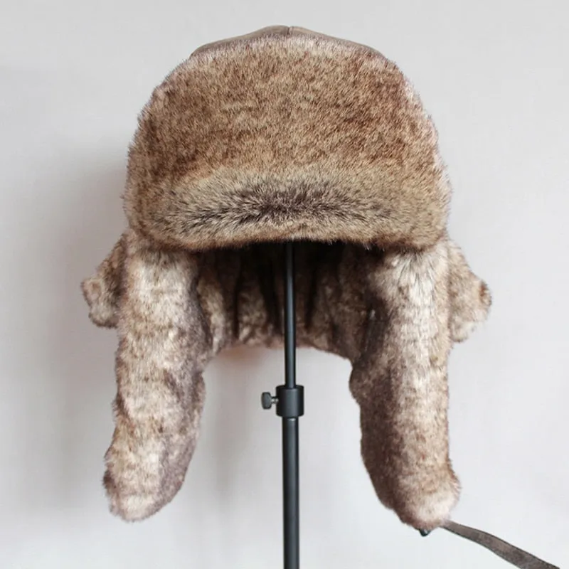 Bomber Hats Winter Men Warm Russian Ushanka Hat with Ear Flap Pu Leather  Fur Trapper Cap  Earflap