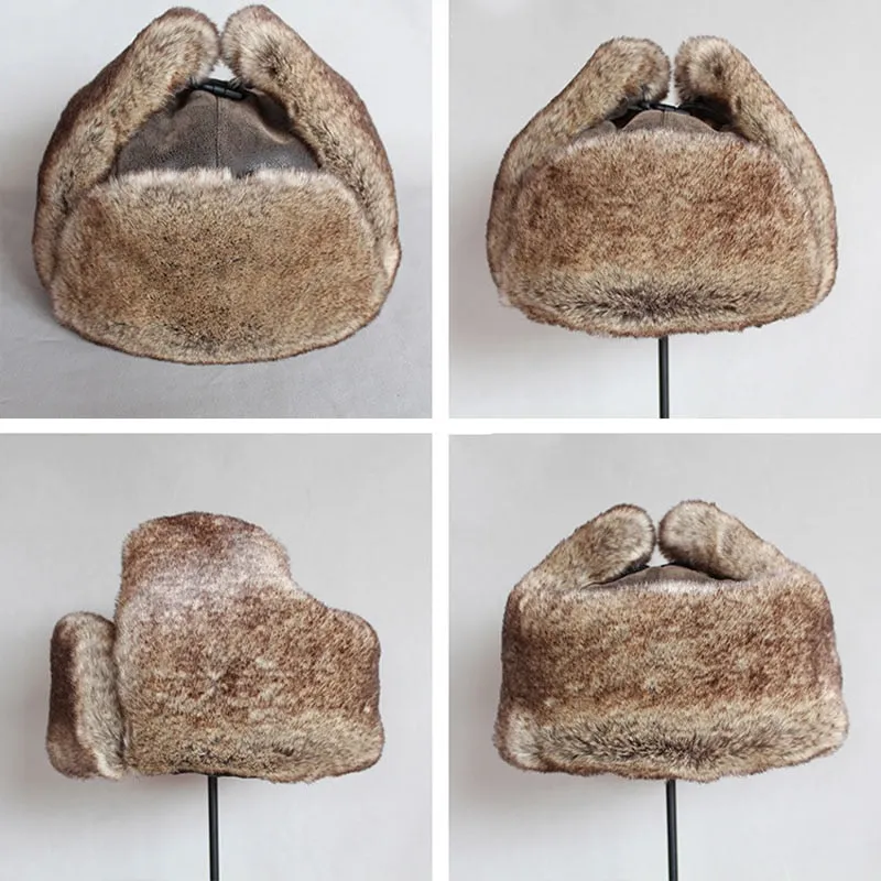 Bomber Hats Winter Men Warm Russian Ushanka Hat with Ear Flap Pu Leather  Fur Trapper Cap  Earflap