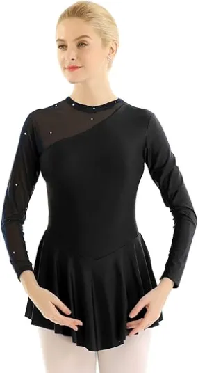 Boutique Step Up Figure Skating Dress Long Sleeves Skirted(BLACK)