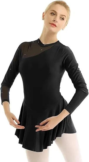 Boutique Step Up Figure Skating Dress Long Sleeves Skirted(BLACK)