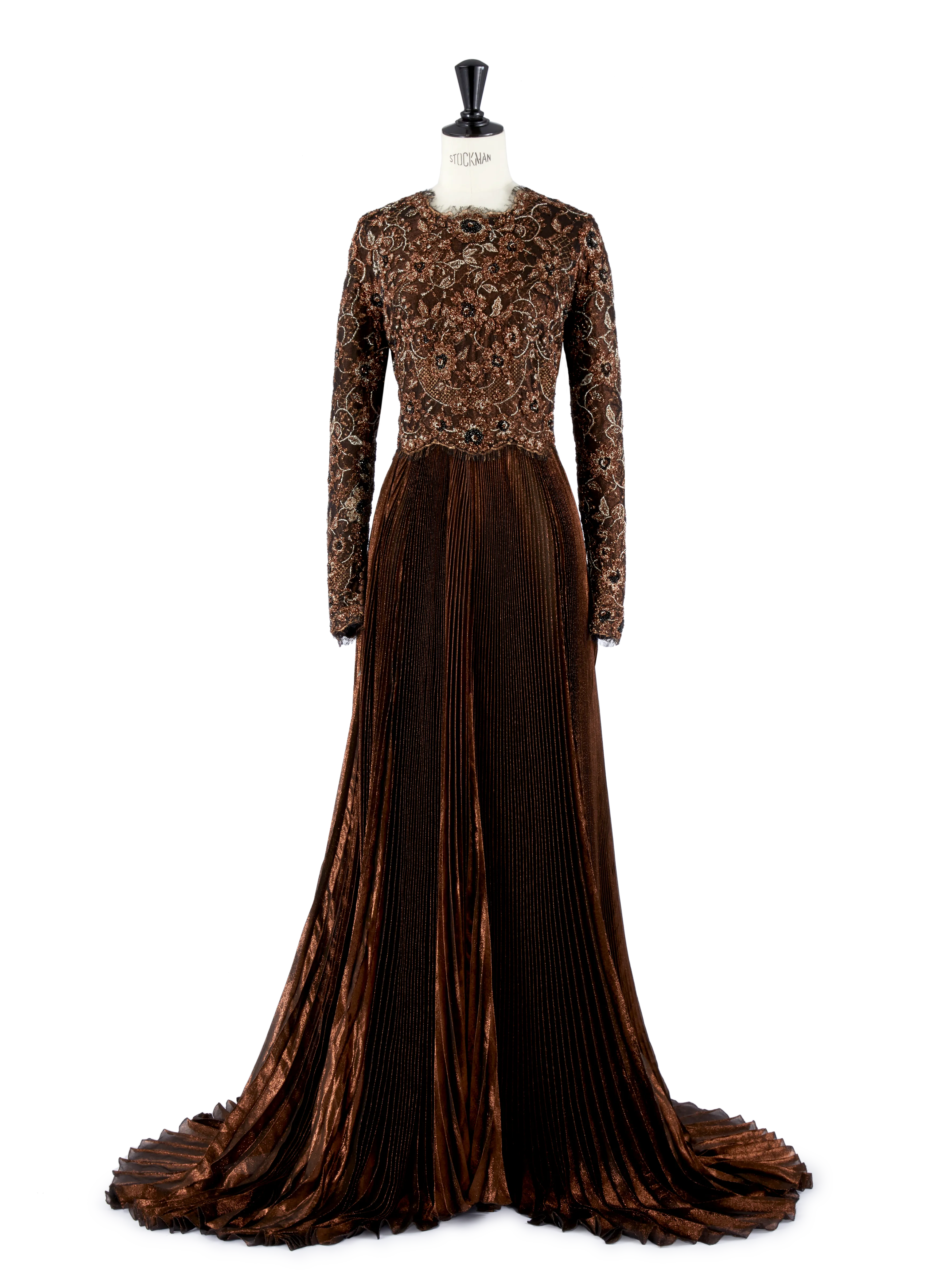 Bronze Chantilly Lace Pleated Gown