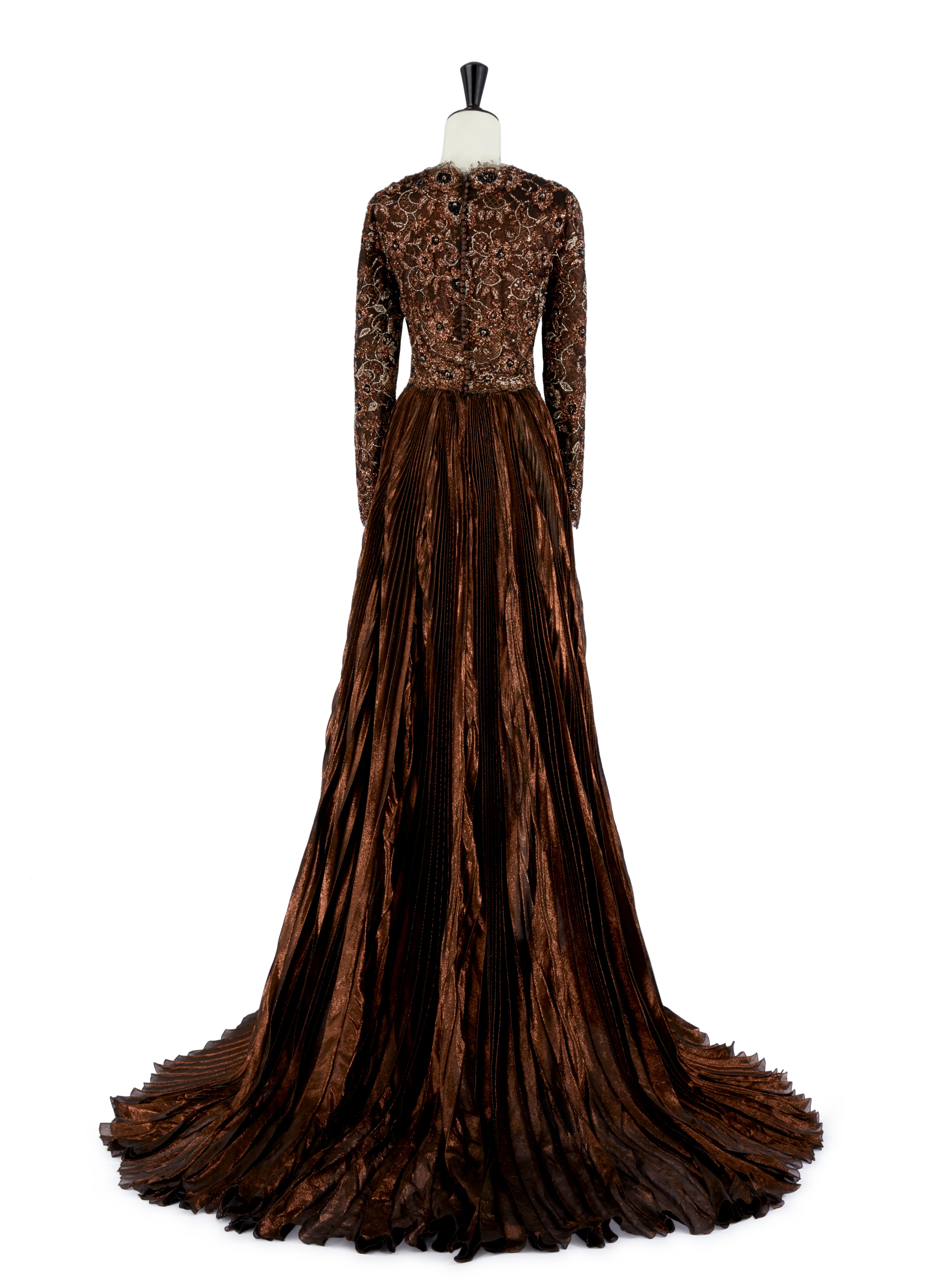 Bronze Chantilly Lace Pleated Gown