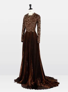 Bronze Chantilly Lace Pleated Gown