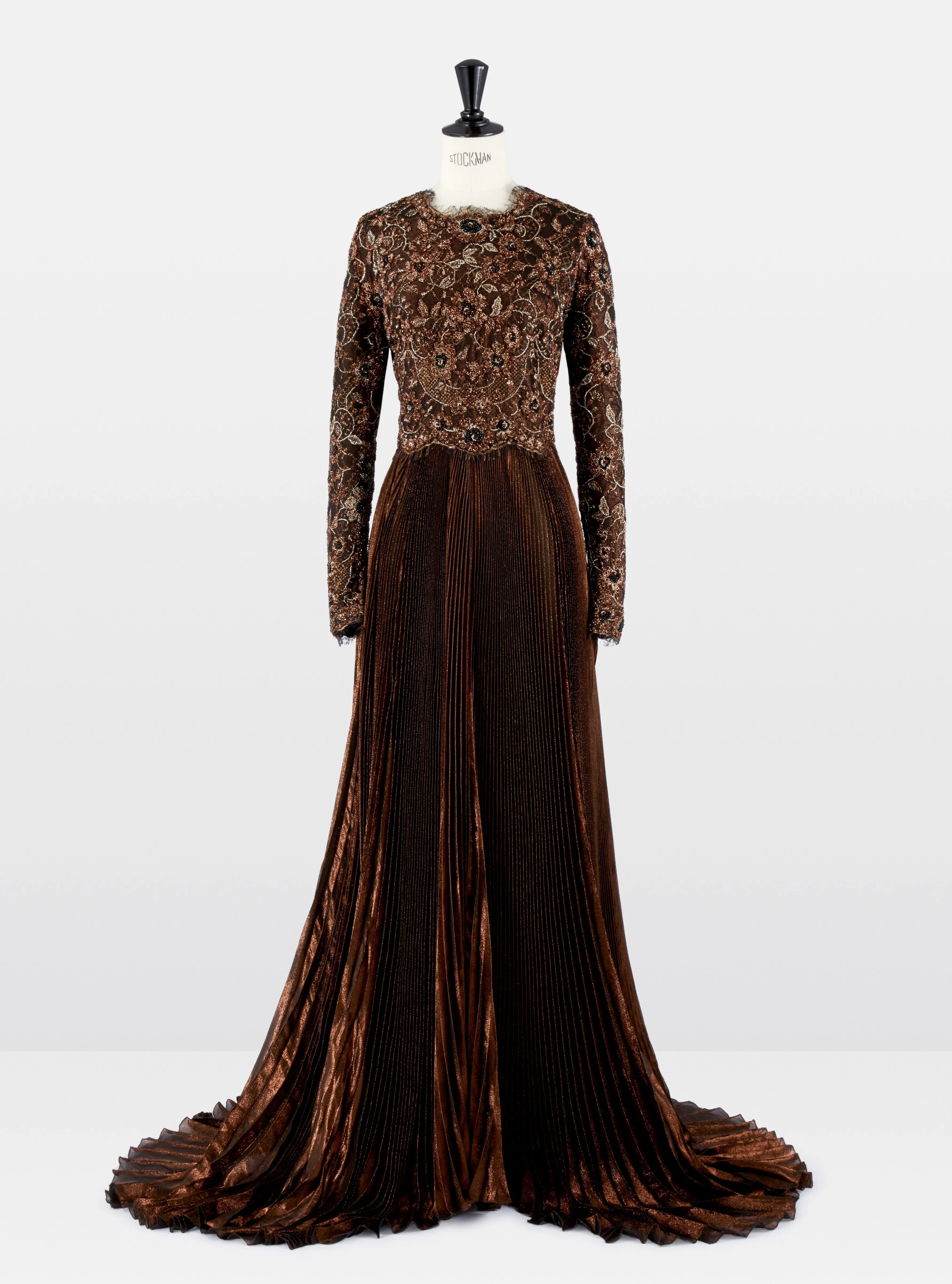 Bronze Chantilly Lace Pleated Gown