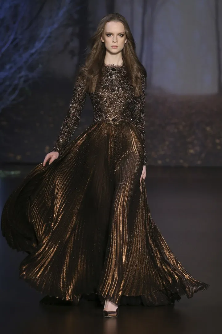 Bronze Chantilly Lace Pleated Gown