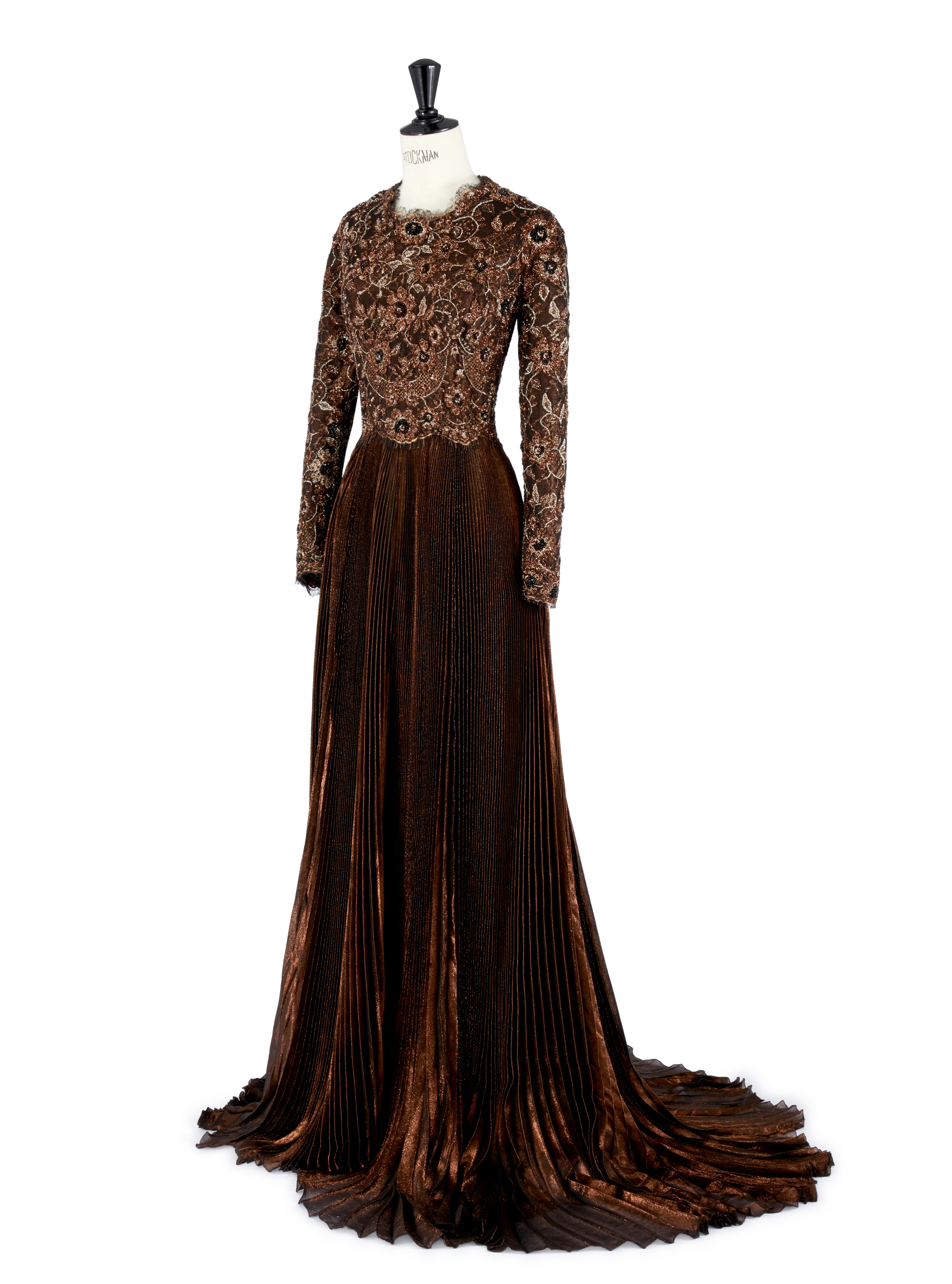 Bronze Chantilly Lace Pleated Gown