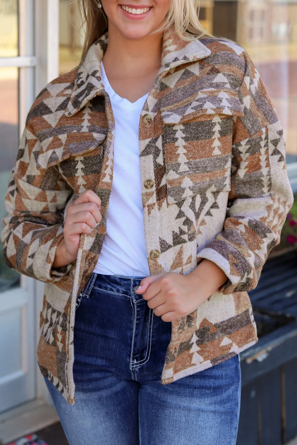 Brown Aztec Print Flap Pocket Button-up Jacket