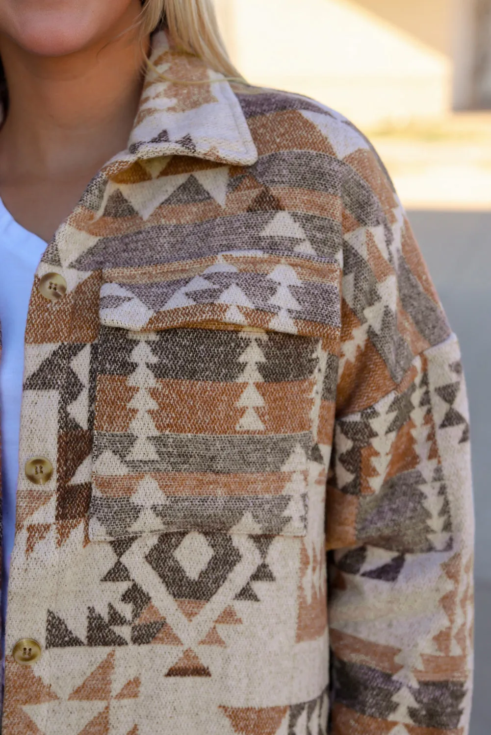 Brown Aztec Print Flap Pocket Button-up Jacket