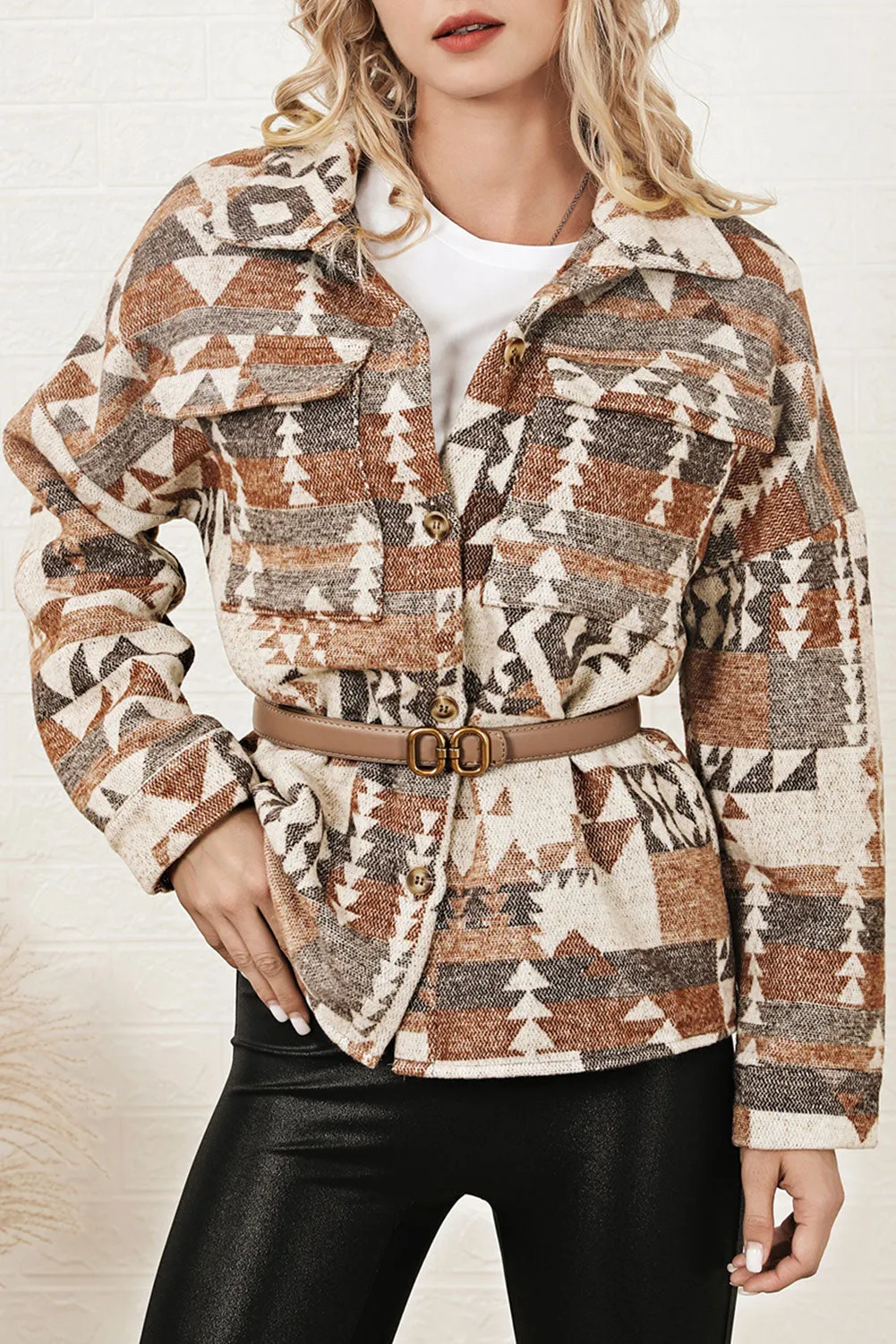 Brown Aztec Print Flap Pocket Button-up Jacket