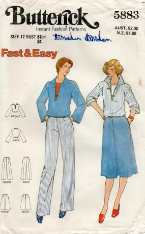 Butterick 5883 Womens Casual Pullover Top Skirt & Pants 1970s Vintage Sewing Pattern Size 12 UNCUT Factory Folded