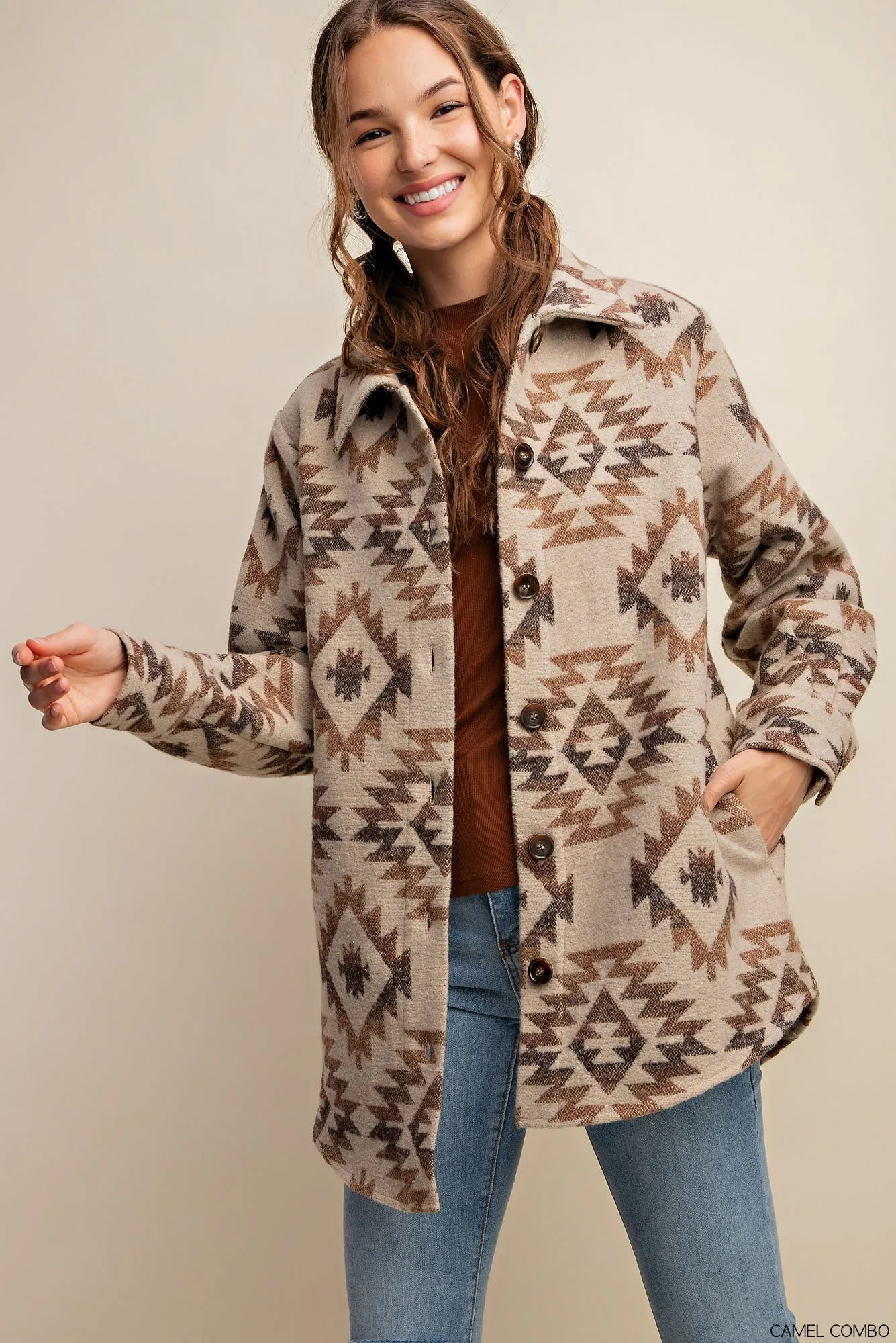 Camel Combo Aztex Boho Tribal Vintage Button Down Shacket