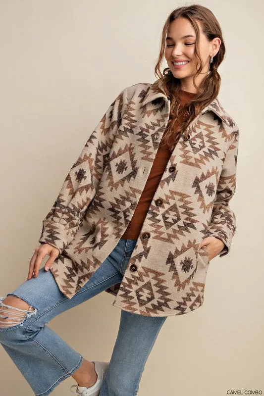 Camel Combo Aztex Boho Tribal Vintage Button Down Shacket