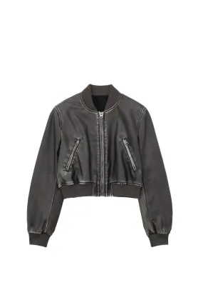 'Camila' Cropped Faux Leather Bomber Jacket