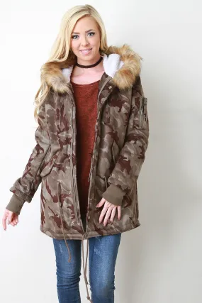 Camouflage Fur Trim Hooded Parka Jacket