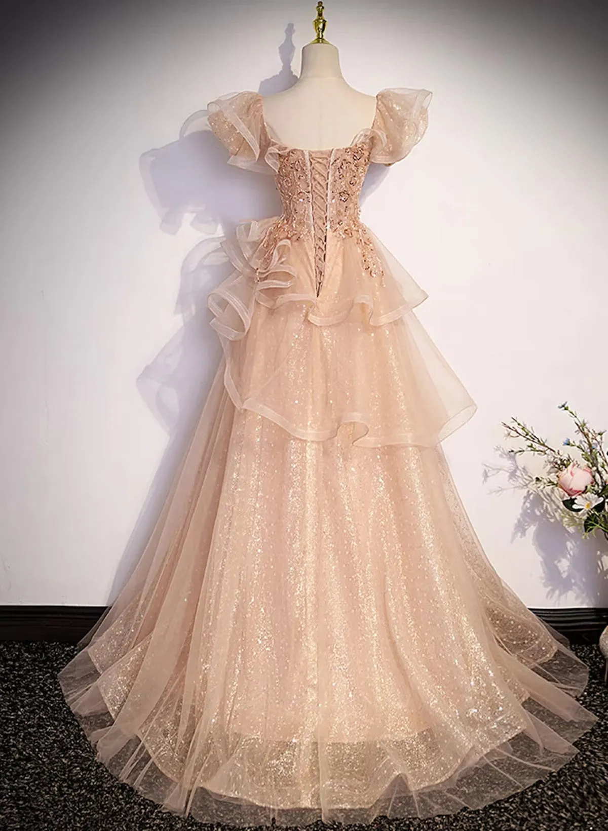 Champagne A-Line Tulle BeadedLong Prom Dress, Champagne Formal Dresses