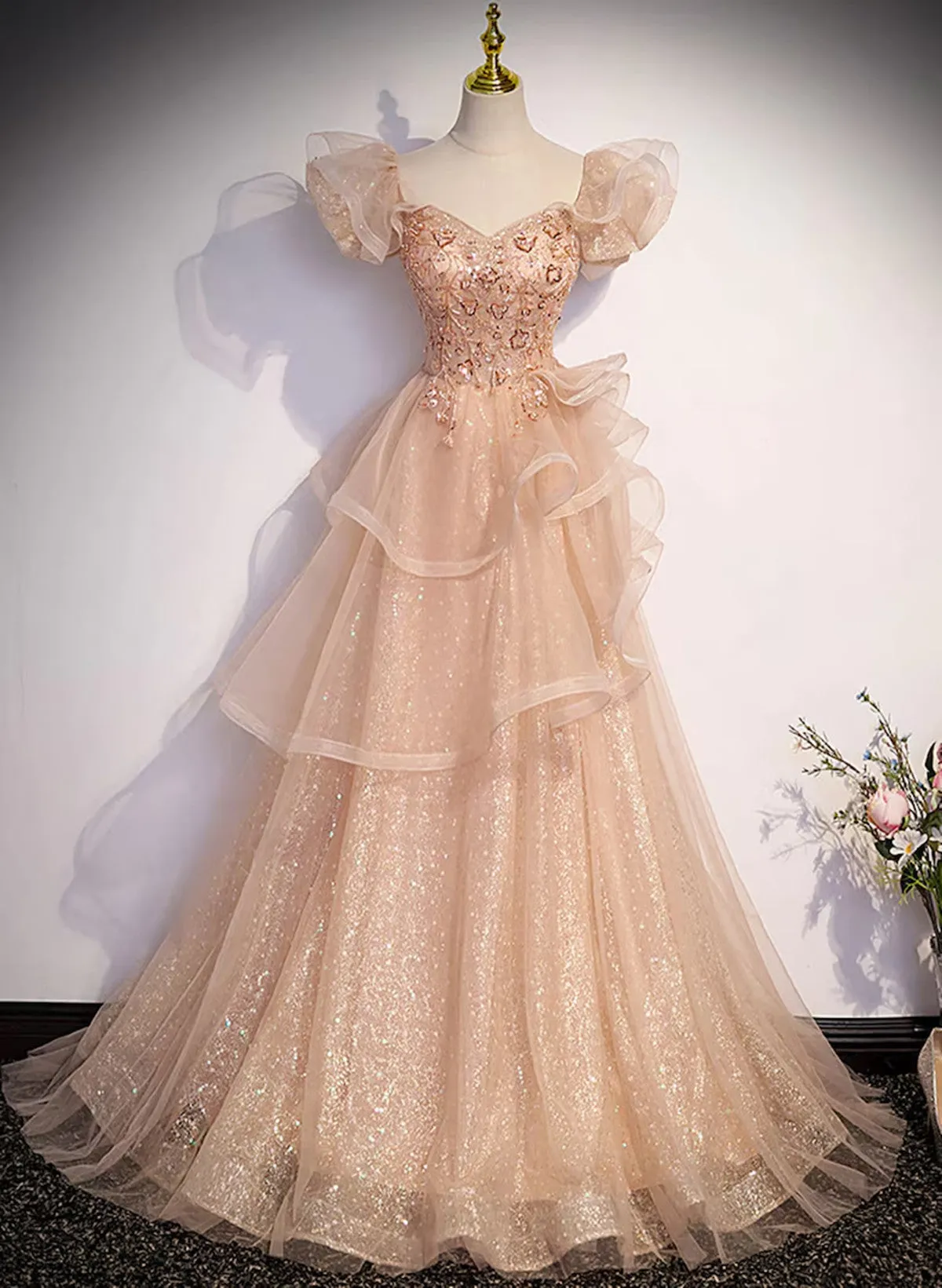 Champagne A-Line Tulle BeadedLong Prom Dress, Champagne Formal Dresses