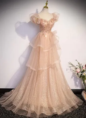 Champagne A-Line Tulle BeadedLong Prom Dress, Champagne Formal Dresses