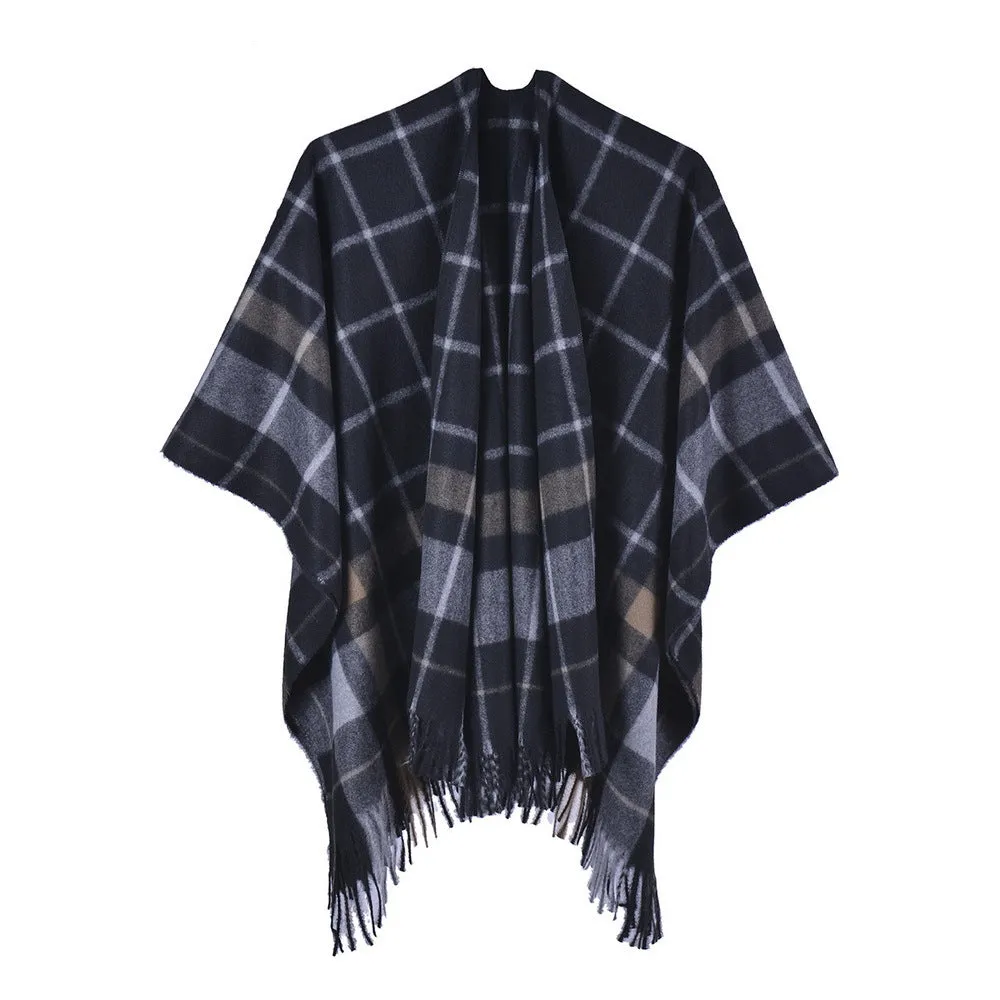 Checked scarf shawl reversible cashmere split shawl napping blanket in summer air-conditioning room