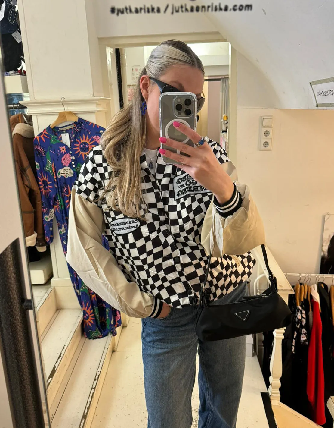 Checkered motor race bomber jacket