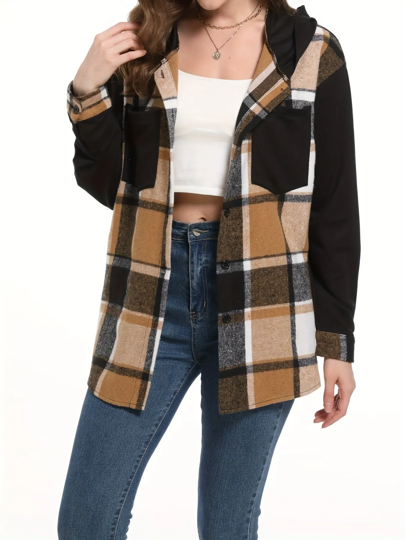 Chic Plaid Hooded Jacket Stylish buttonfront outerwear for women