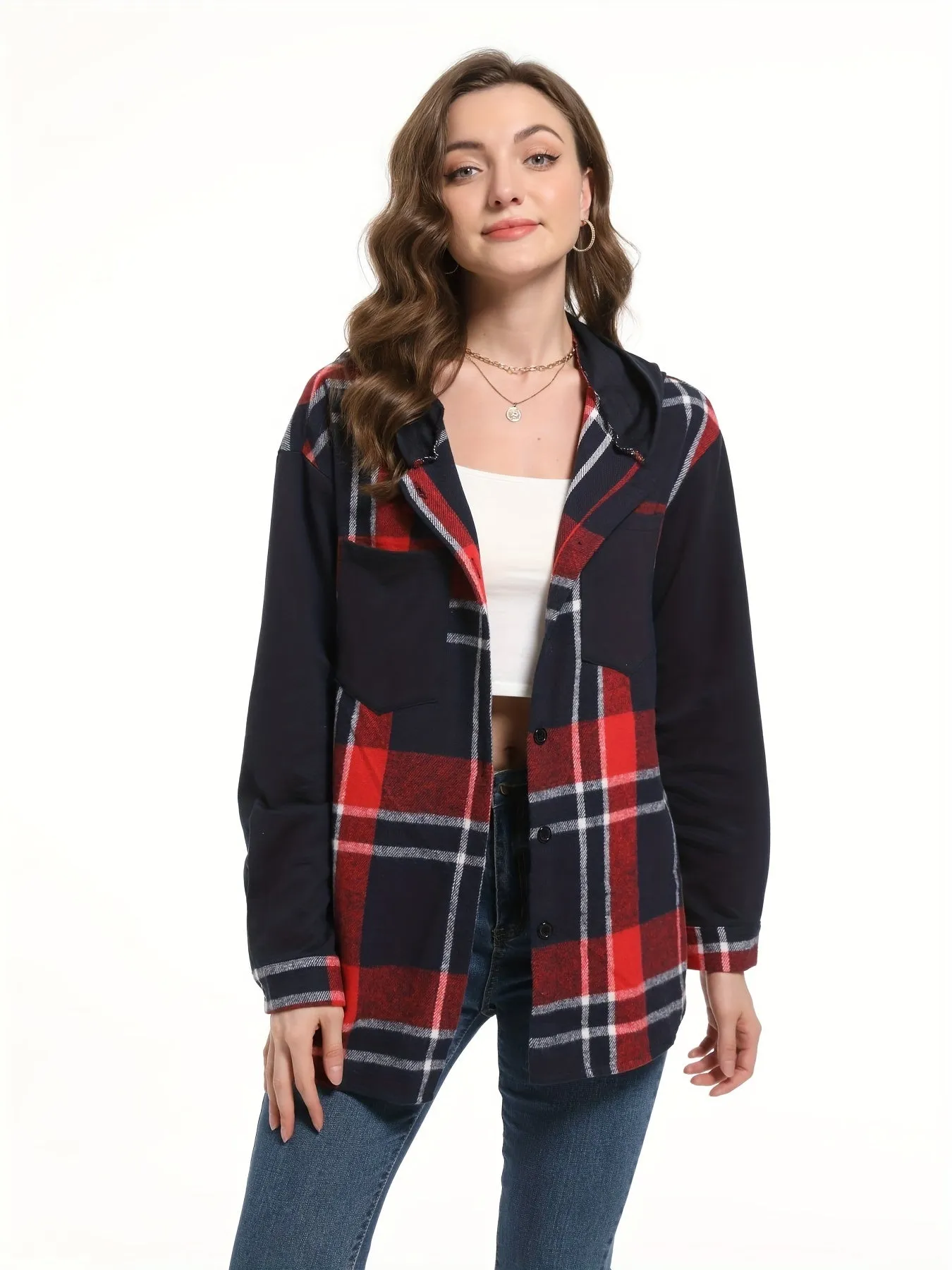 Chic Plaid Hooded Jacket Stylish buttonfront outerwear for women