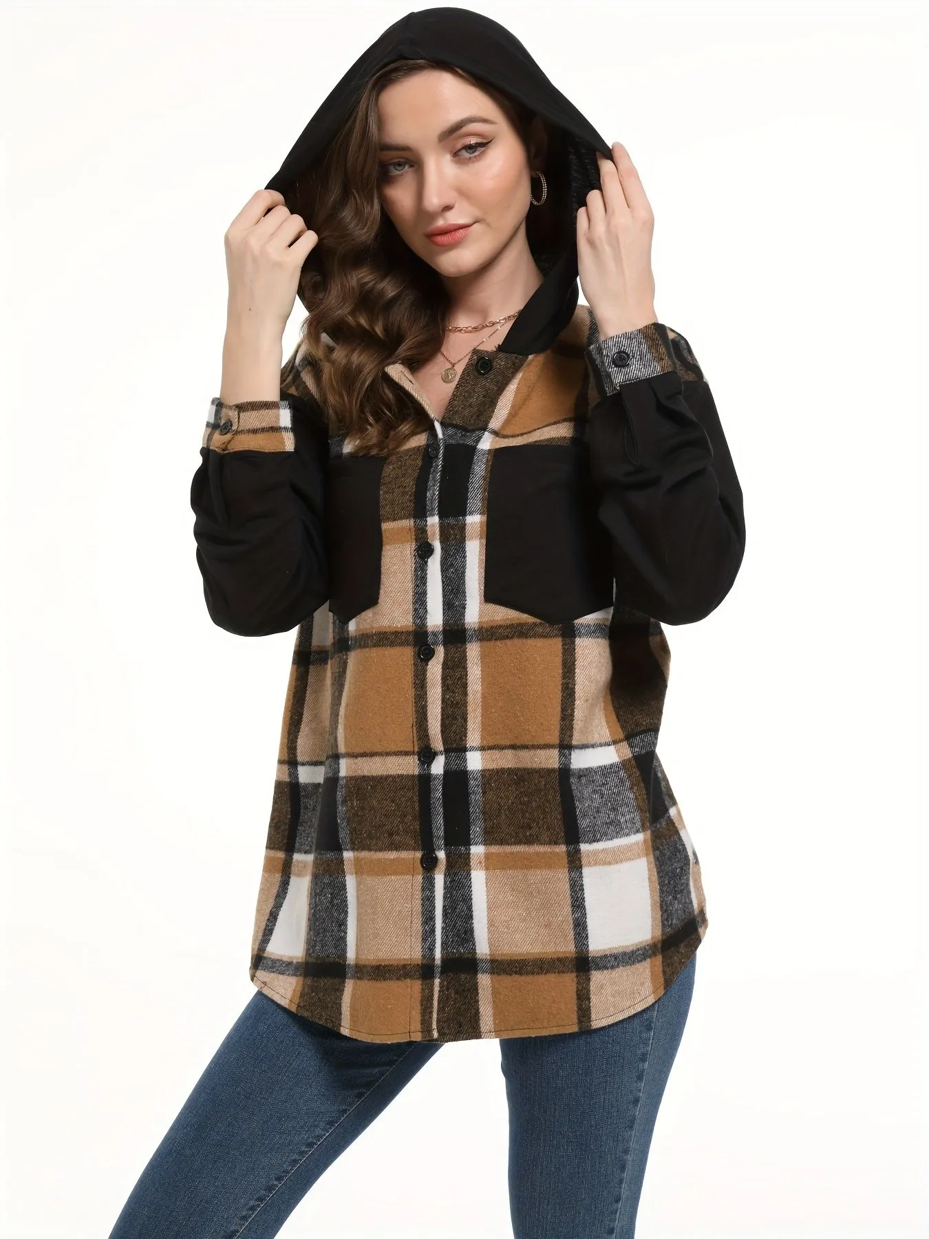 Chic Plaid Hooded Jacket Stylish buttonfront outerwear for women