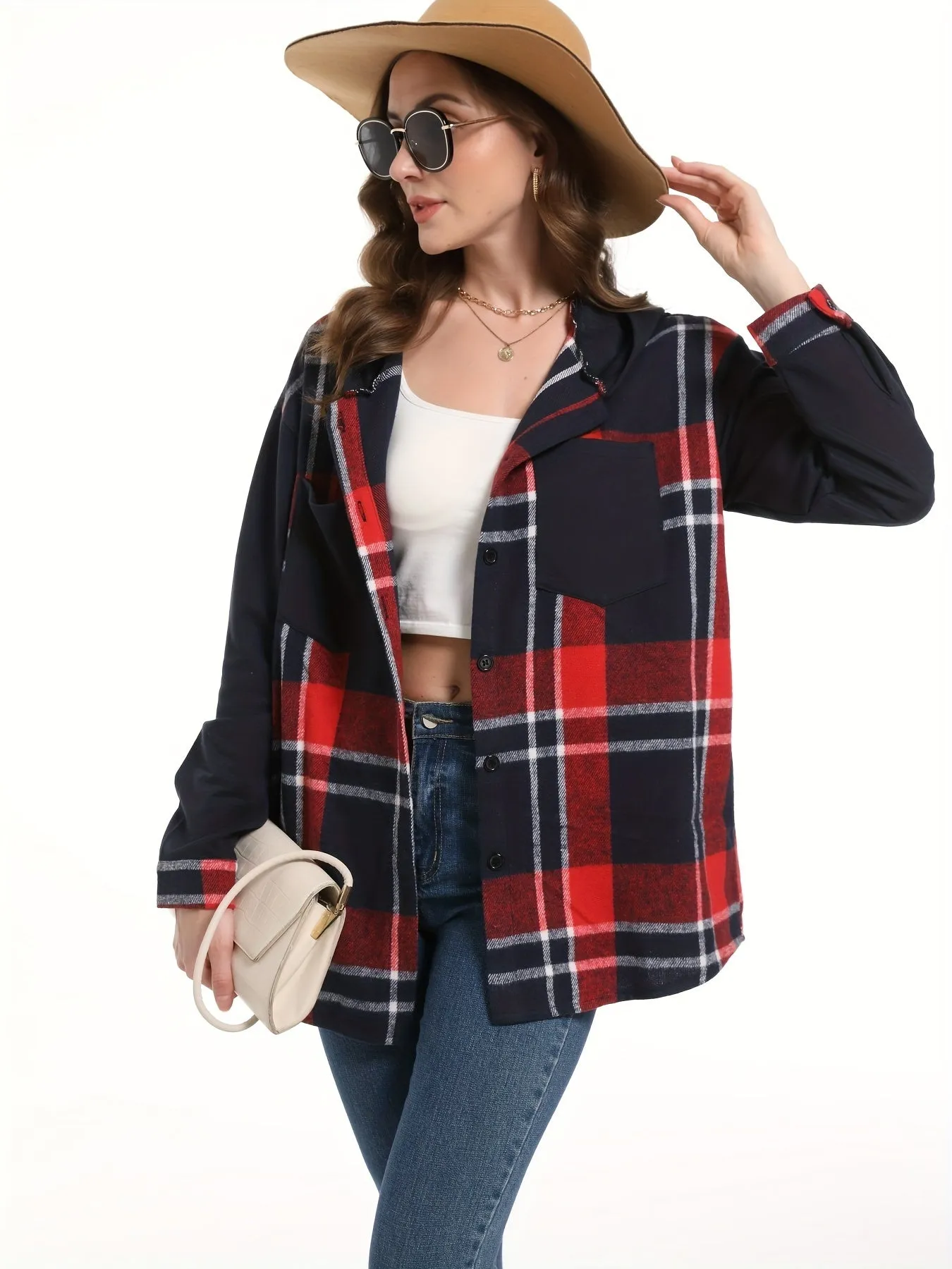 Chic Plaid Hooded Jacket Stylish buttonfront outerwear for women