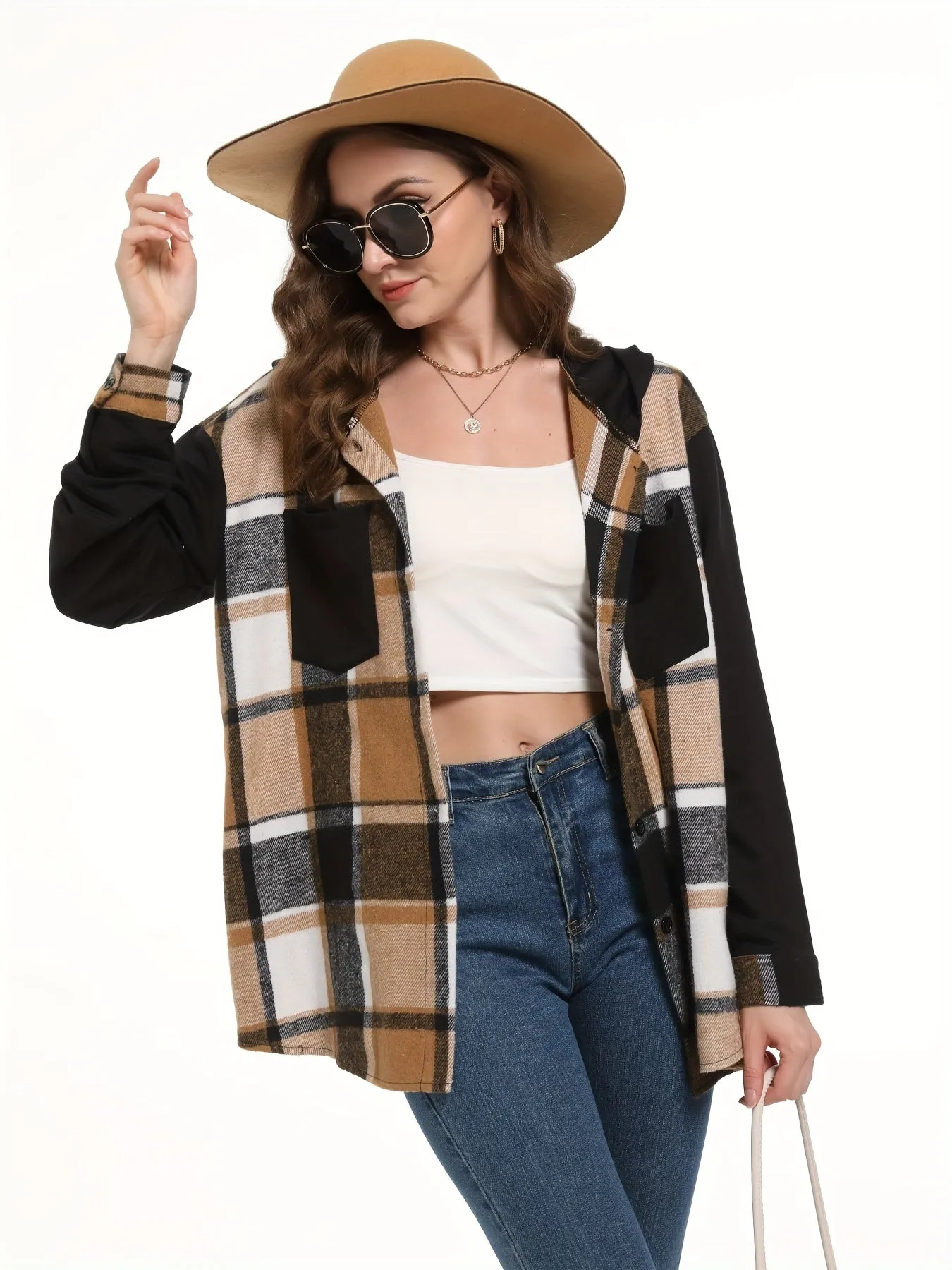 Chic Plaid Hooded Jacket Stylish buttonfront outerwear for women