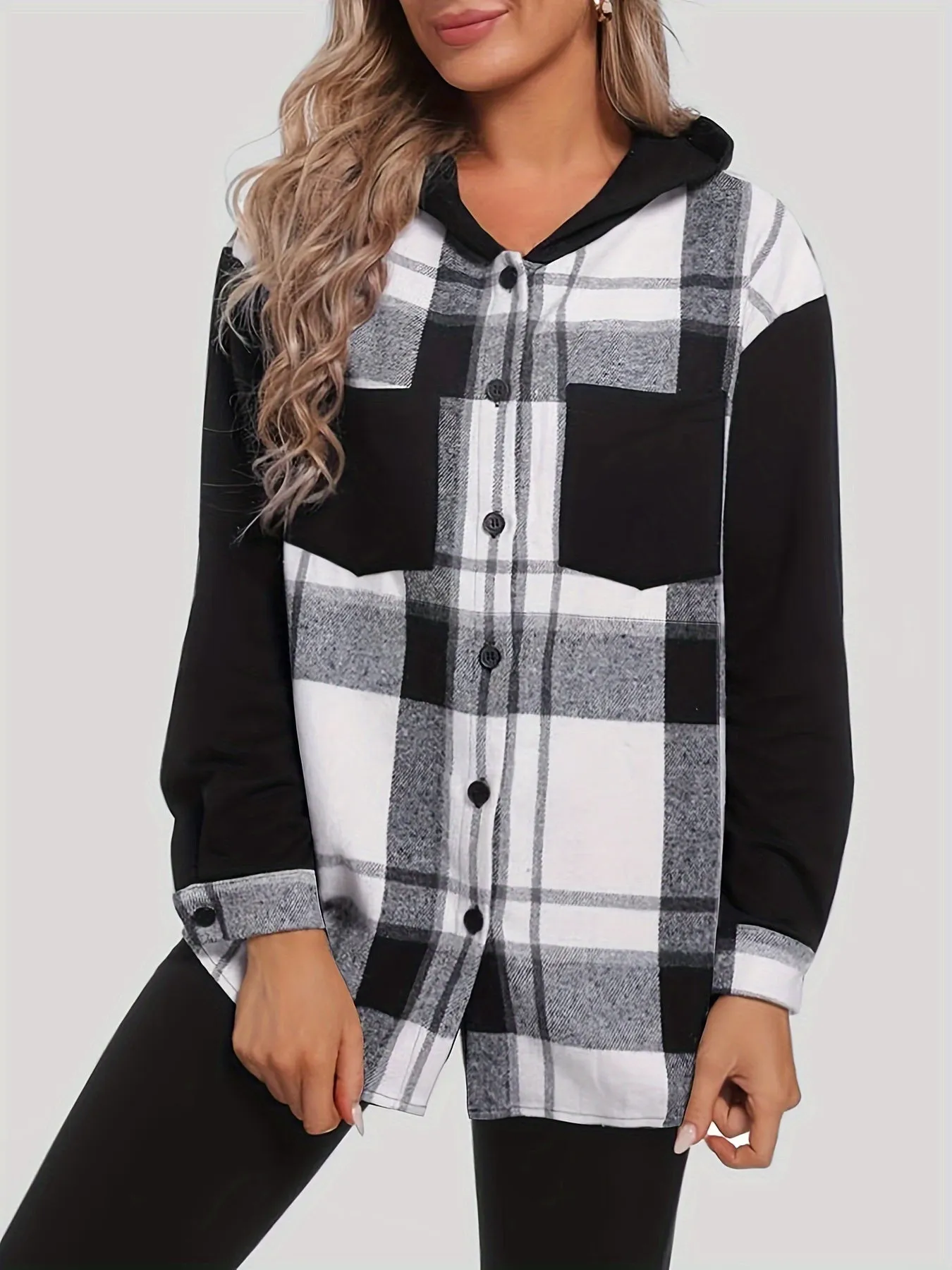 Chic Plaid Hooded Jacket Stylish buttonfront outerwear for women