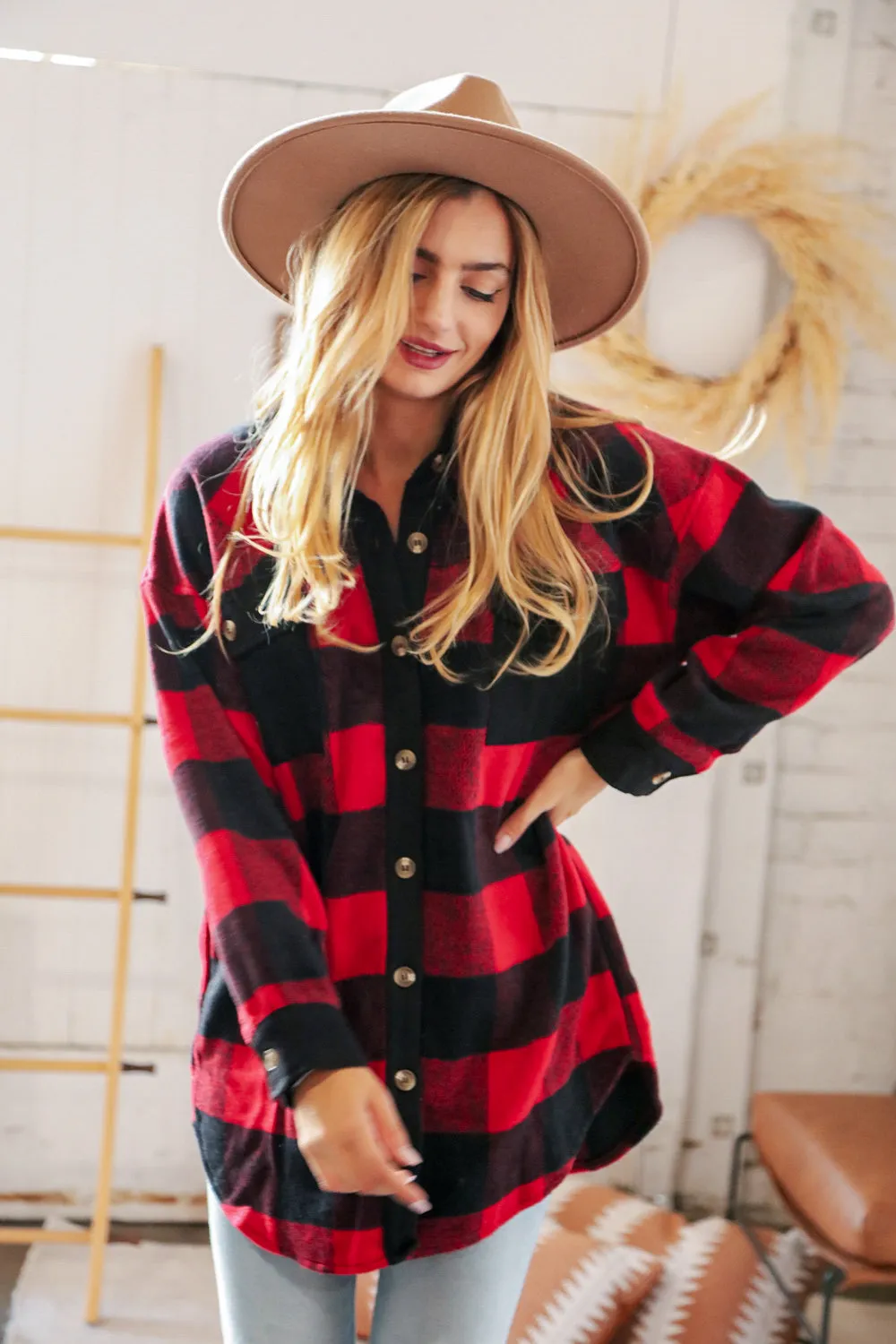 Christmas Red Flannel Plaid Button Down Shacket