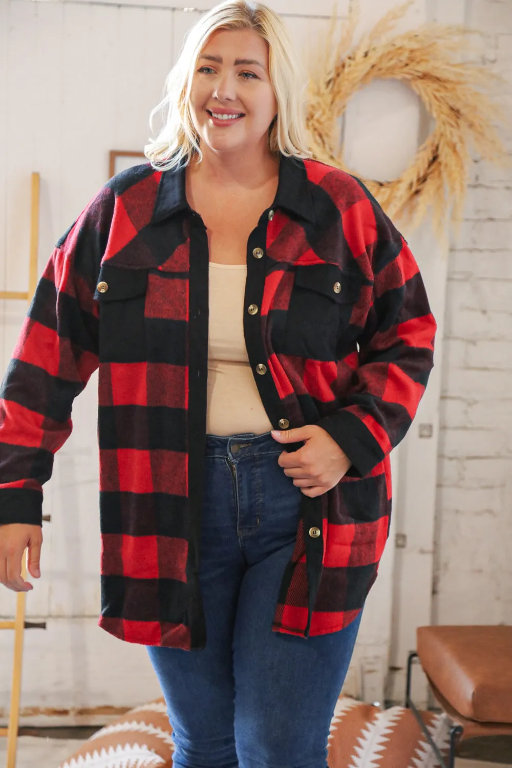 Christmas Red Flannel Plaid Button Down Shacket