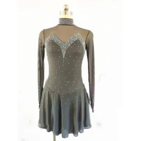 Competition Figure Skating Dress Grey With Crystals Long Sleeves