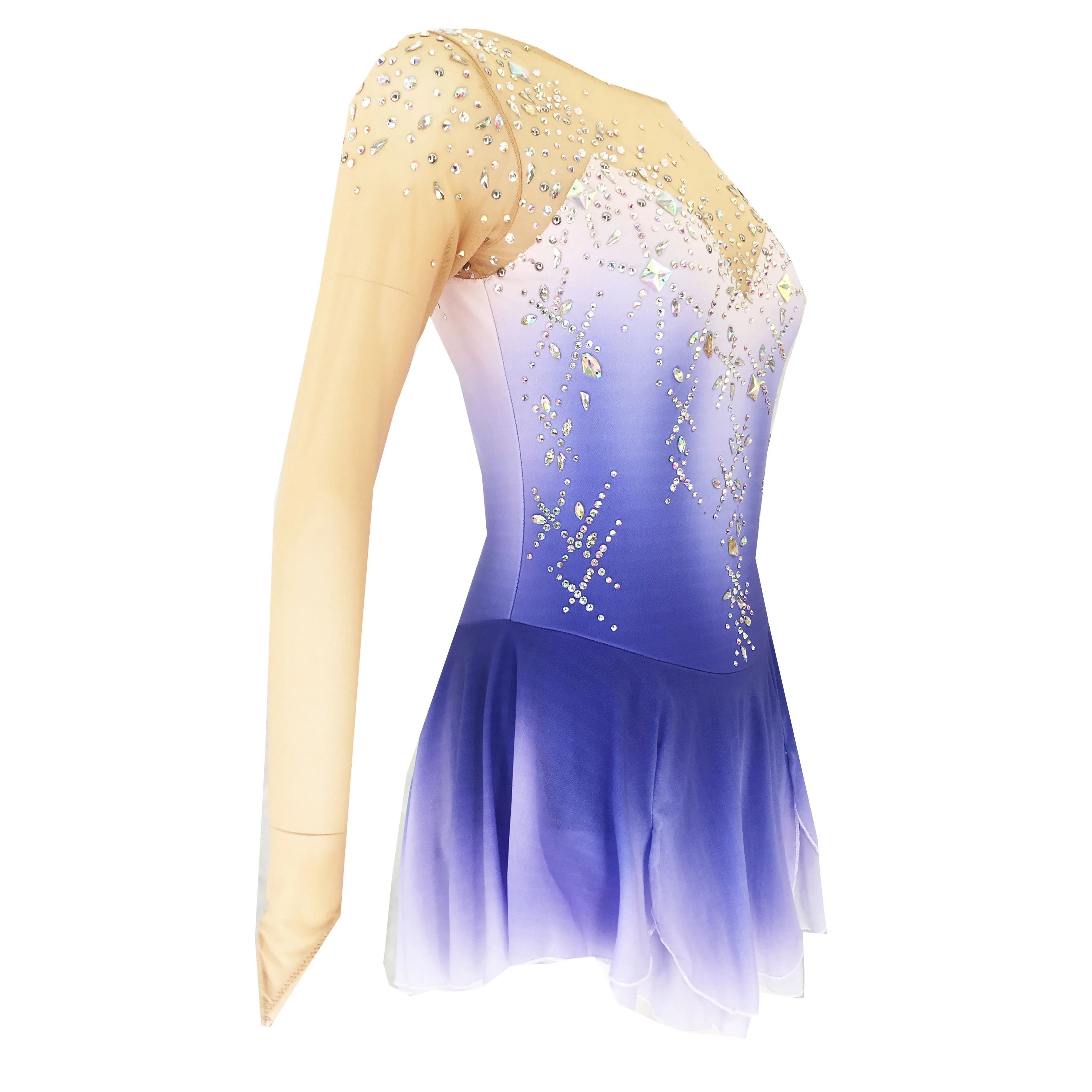 Competition Figure Skating Dress Long Sleeves White Lilac Ombre