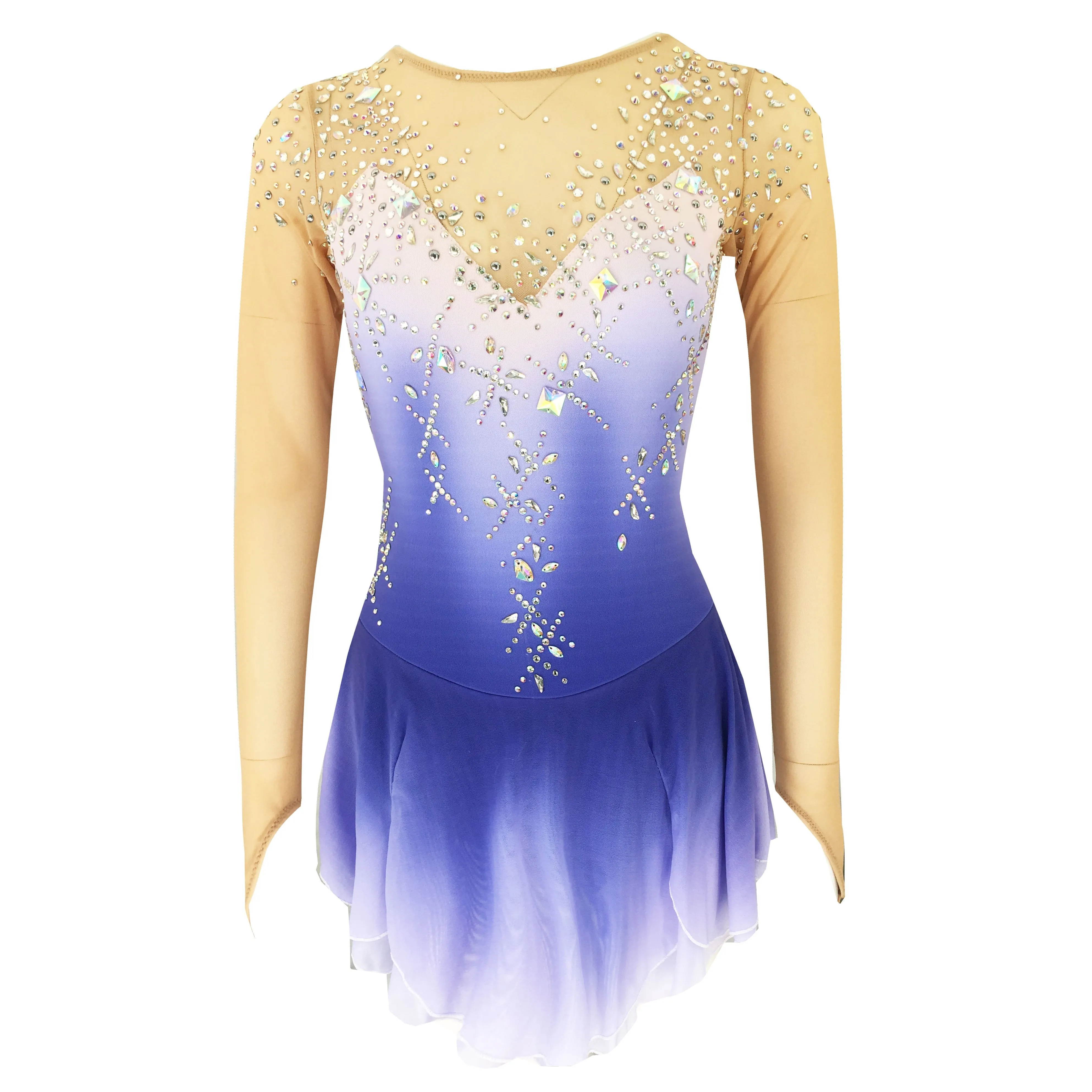 Competition Figure Skating Dress Long Sleeves White Lilac Ombre