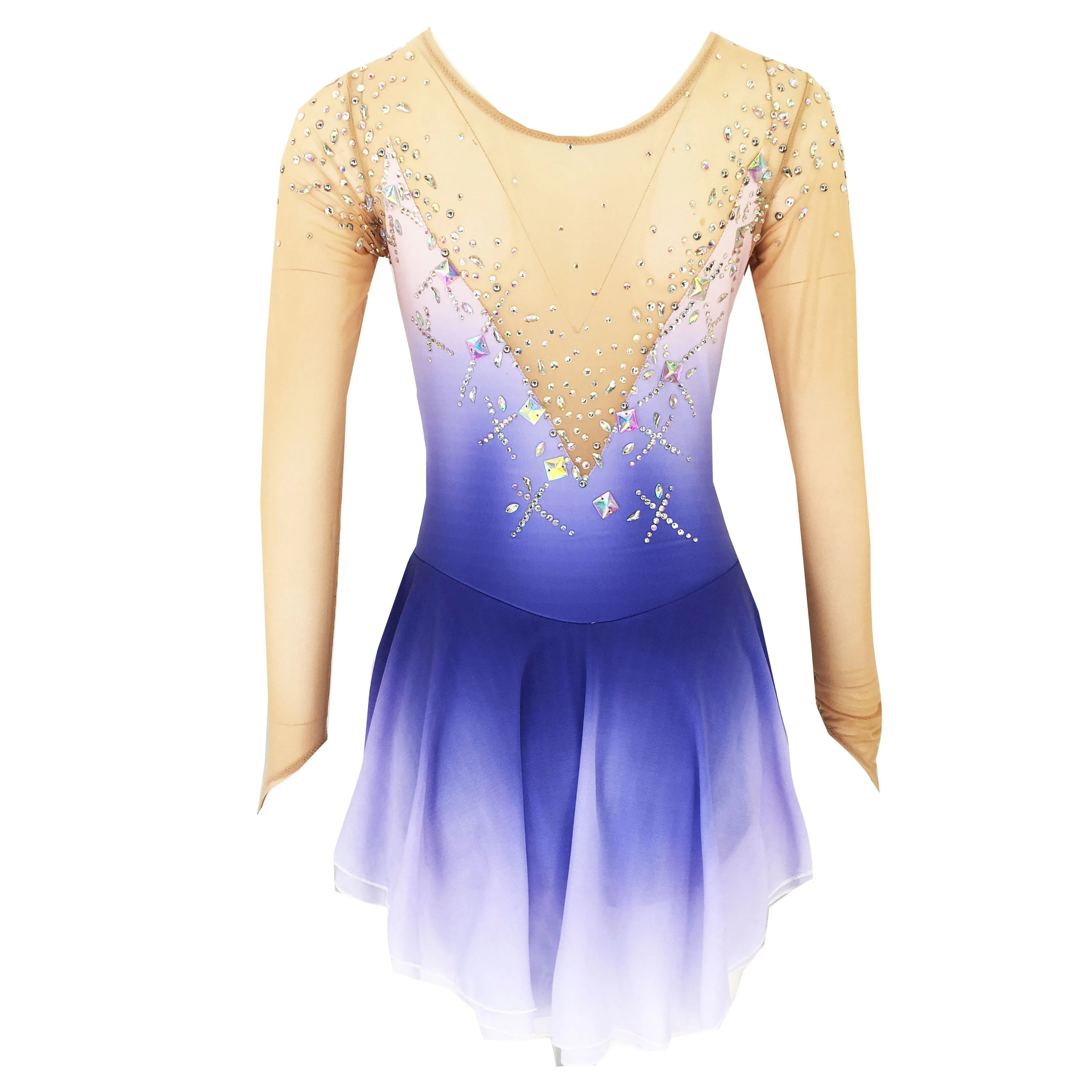 Competition Figure Skating Dress Long Sleeves White Lilac Ombre