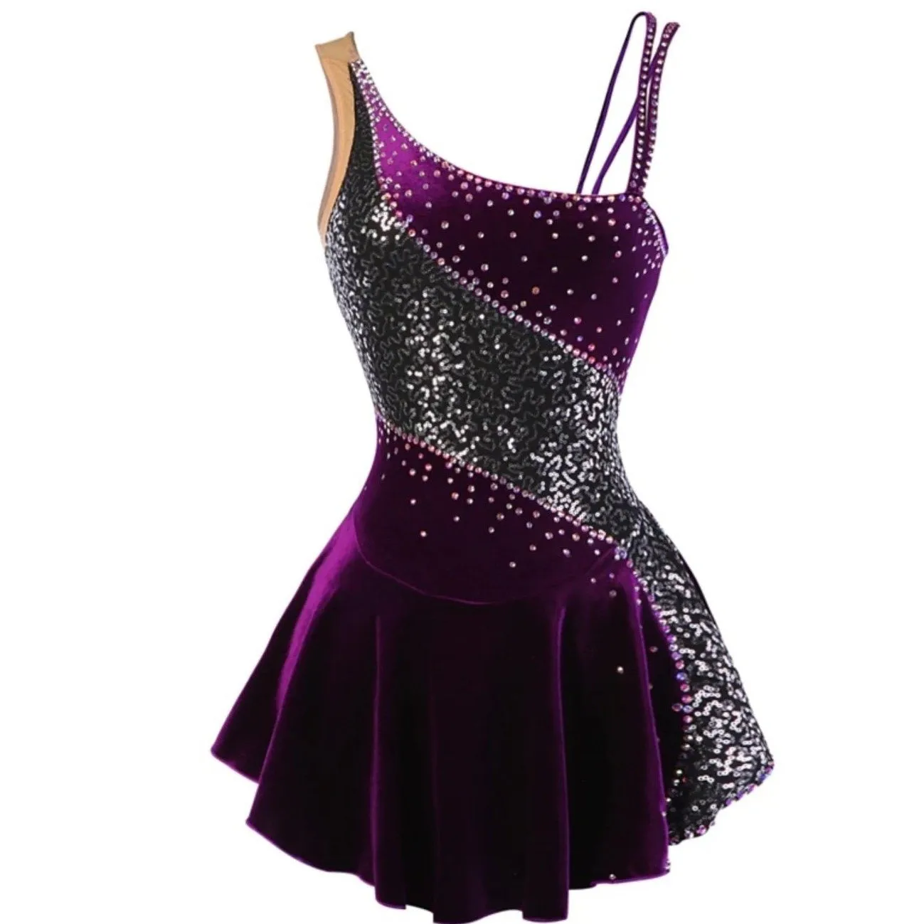 Competition Figure Skating Dress Plum Velvet Black Sequins BSU2020-27.4