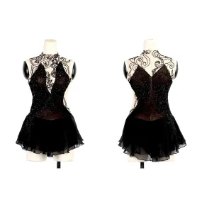 Competition Figure Skating Dress Sleeveless Hand Beaded All Black  Skin Tone Mesh