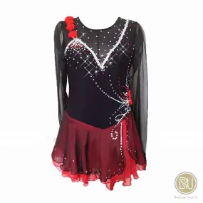 Competition Skating Dress Black & Red Floral Appliques