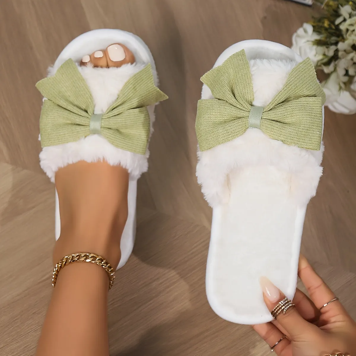 Cute Bowknot Plush Slippers - Winter Warmth in Solid Color, Non-Slip Comfort, Open Toe Home Shoes