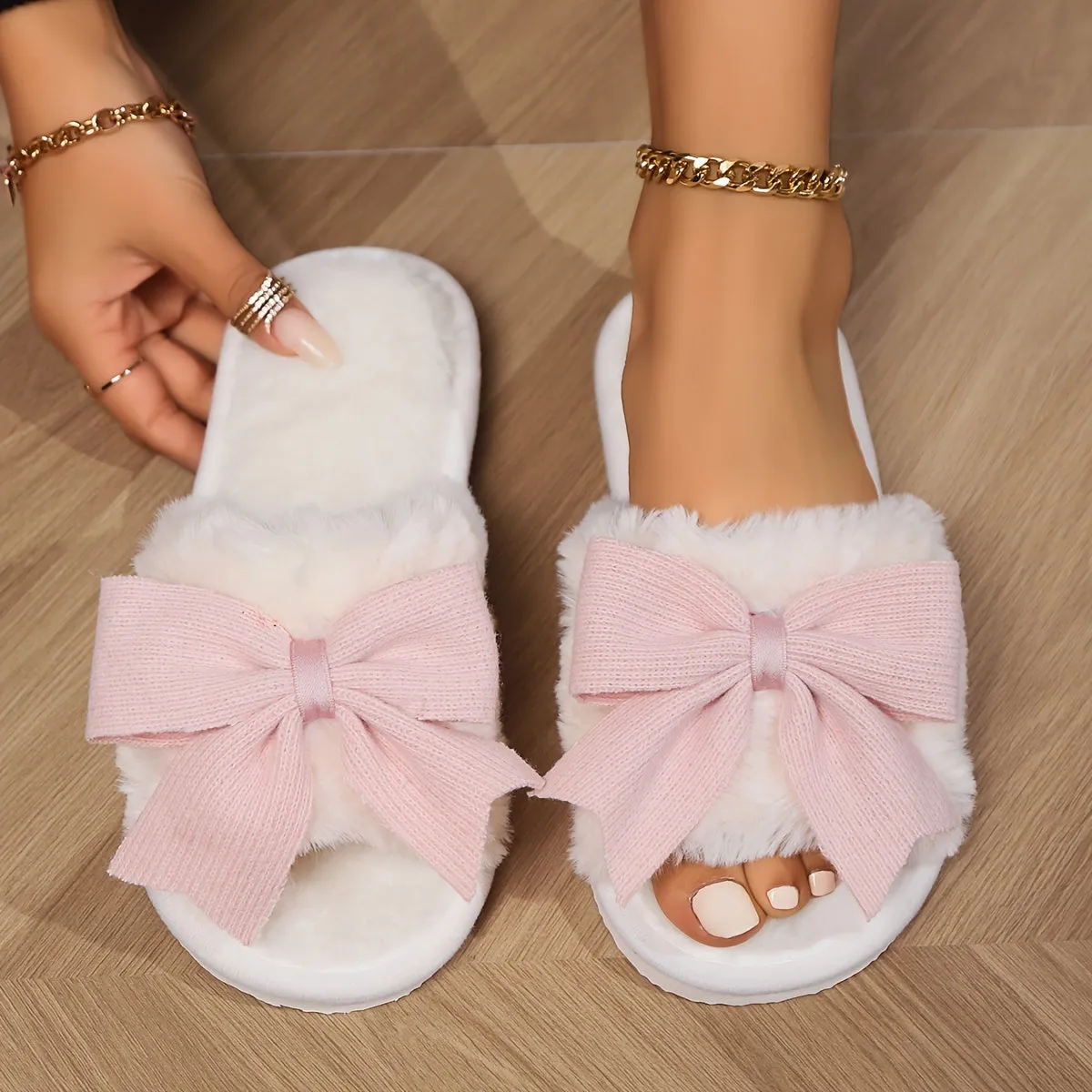 Cute Bowknot Plush Slippers - Winter Warmth in Solid Color, Non-Slip Comfort, Open Toe Home Shoes