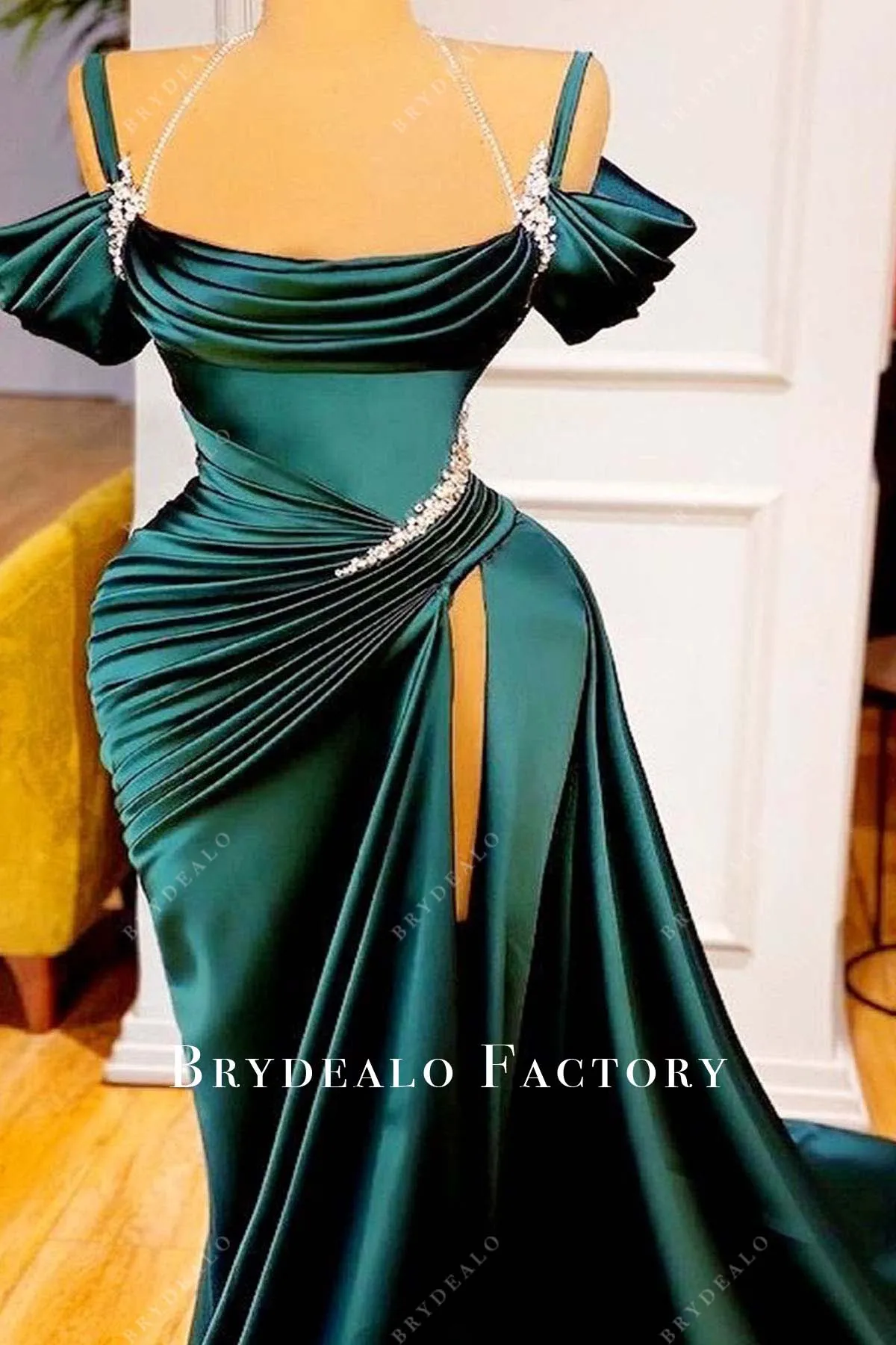 Dark Green Satin Cold Shoulder Slit Long Formal Dress