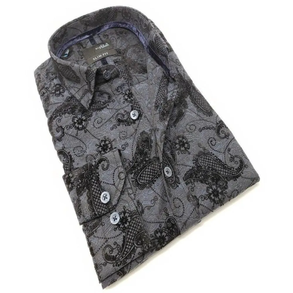 Dark Navy Jacquard Button Down Shirt W/ Paisley Flocking