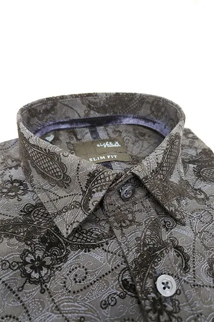 Dark Navy Jacquard Button Down Shirt W/ Paisley Flocking