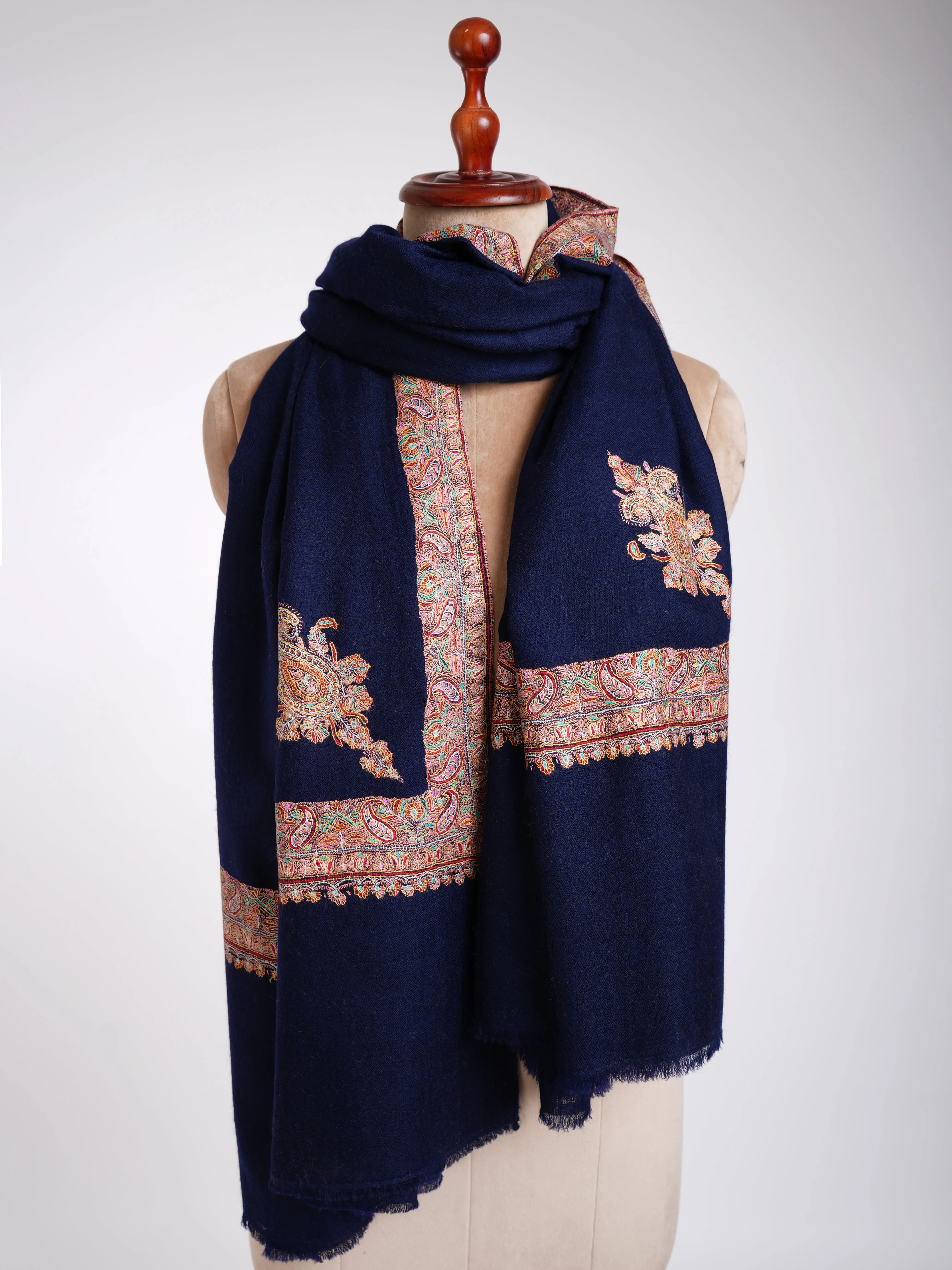 Daur Dar Sozni Hand Embroidery Pashmina Shawl Dark Blue