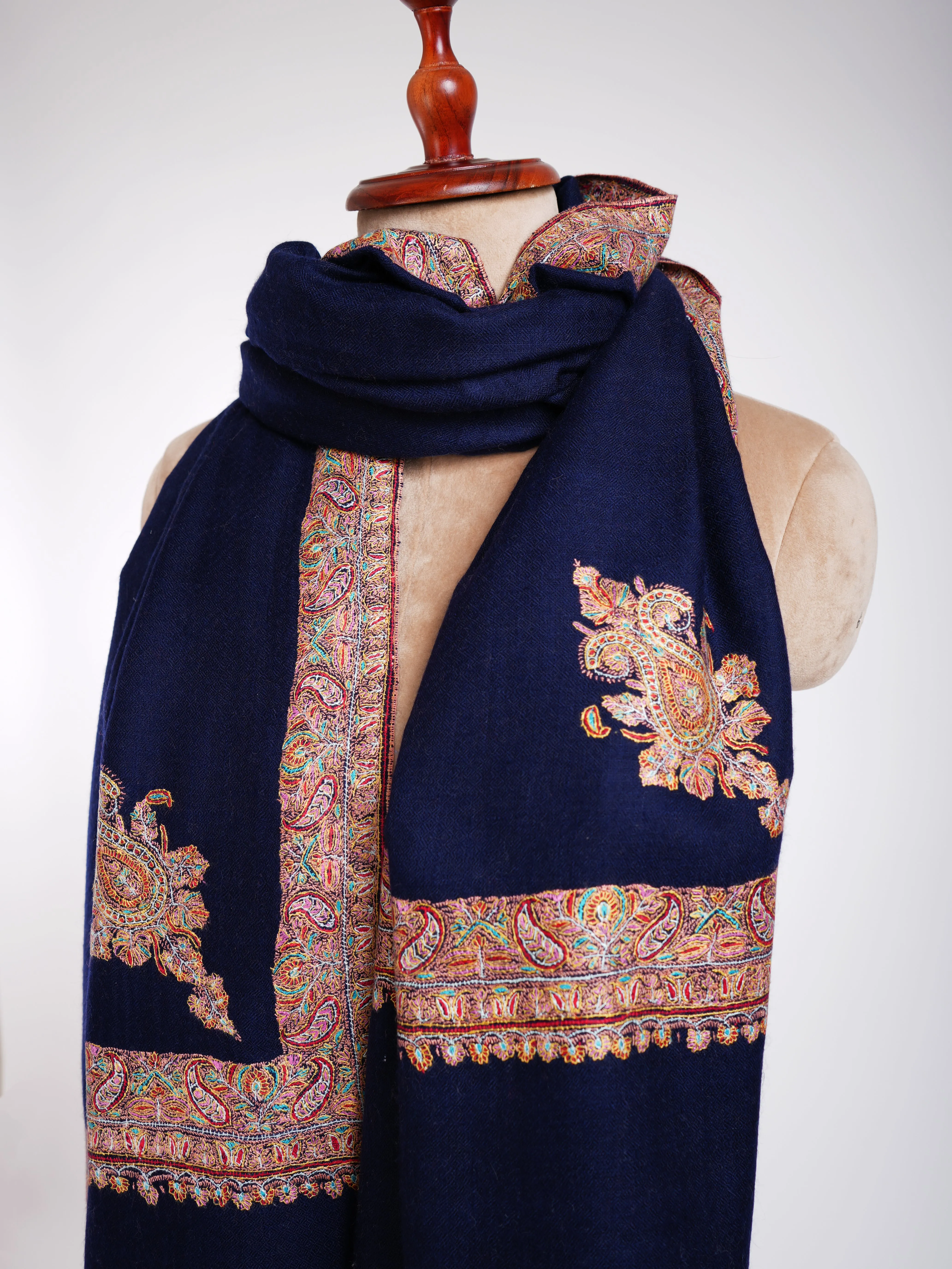 Daur Dar Sozni Hand Embroidery Pashmina Shawl Dark Blue