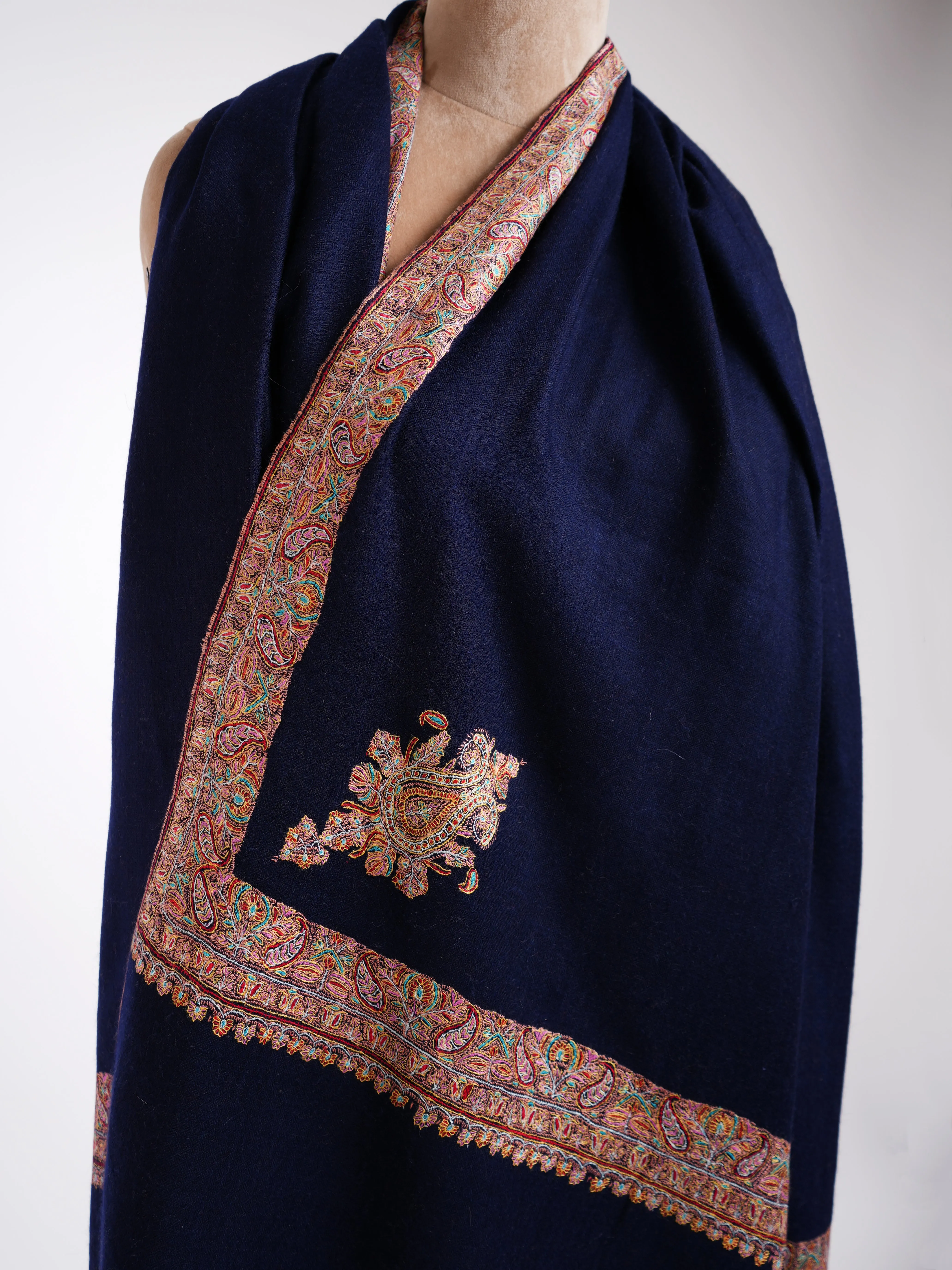 Daur Dar Sozni Hand Embroidery Pashmina Shawl Dark Blue