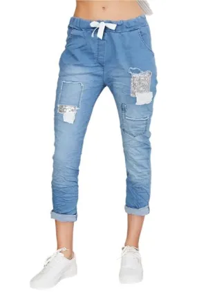 Denim Crinkle Jogger pants w/ Sequin Patches